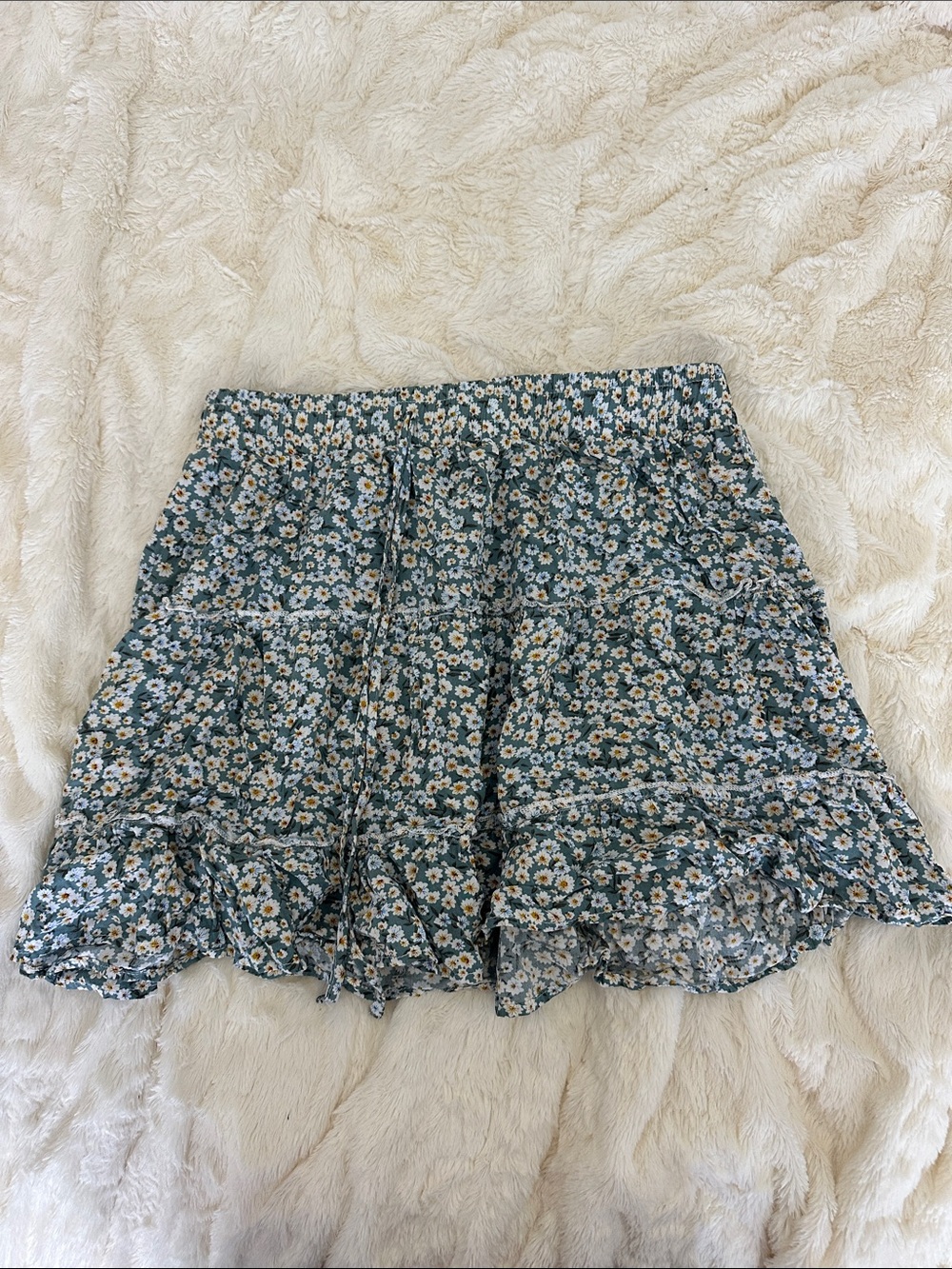 Floral Tiered Mini Skirt in Teal and Cream